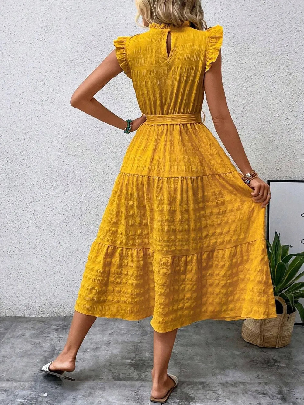 Tied Ruffled Cap Sleeve Midi Dress – Feminine Flowy Style