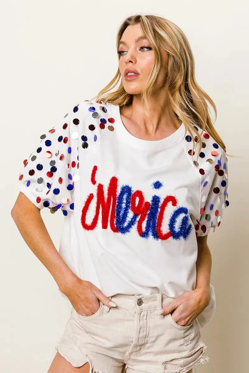 Women's Tee - Metallic Letter Puff Sleeve - Stylish Casual Top