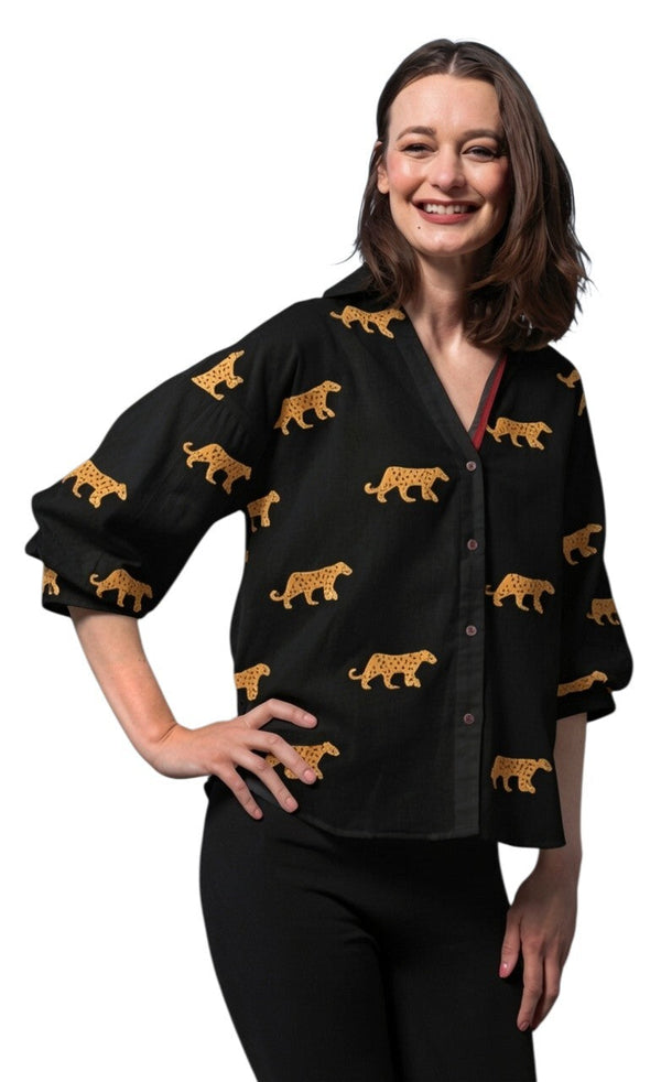 Milano Top Black with Embroidered Cheetahs