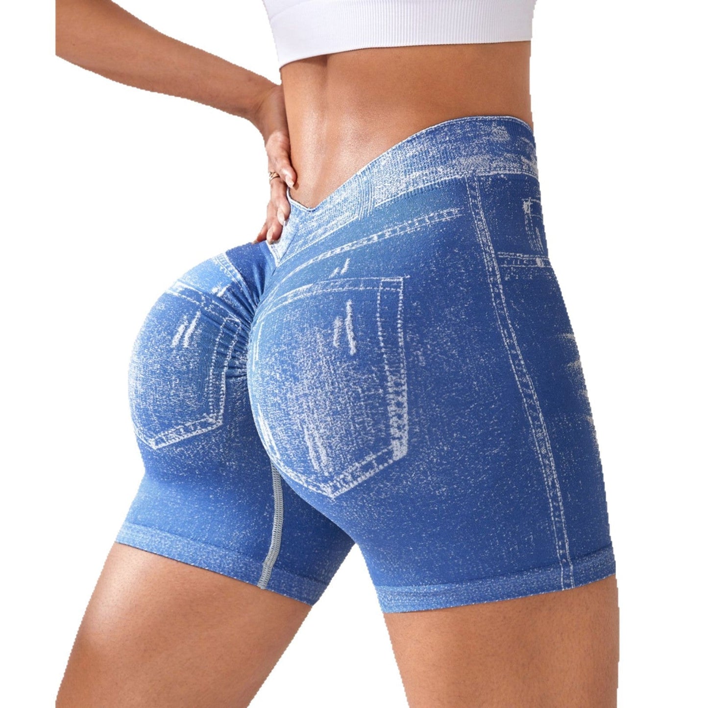 Denim Seamless Yoga Shorts for Women, Back V-Waist Hip-Lifting Quick-Dry Fitted Running Fitness Shorts