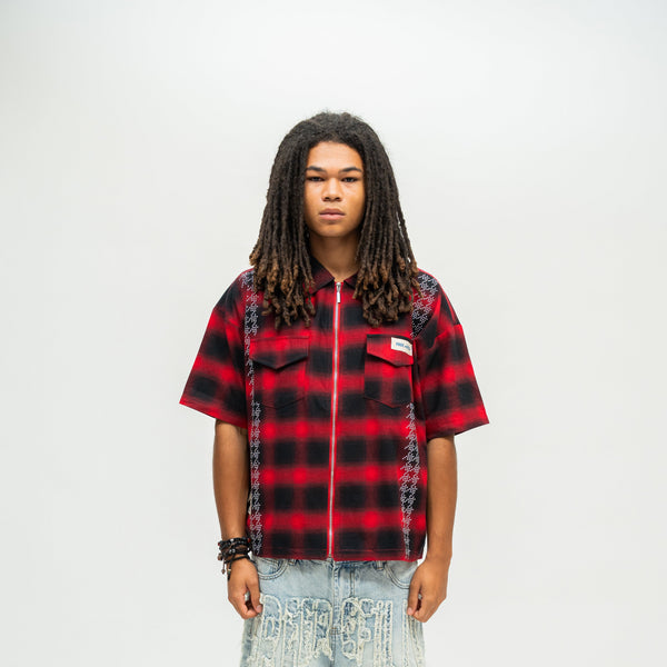 FR Studded Shadow Plaid Zip Shirt - Red
