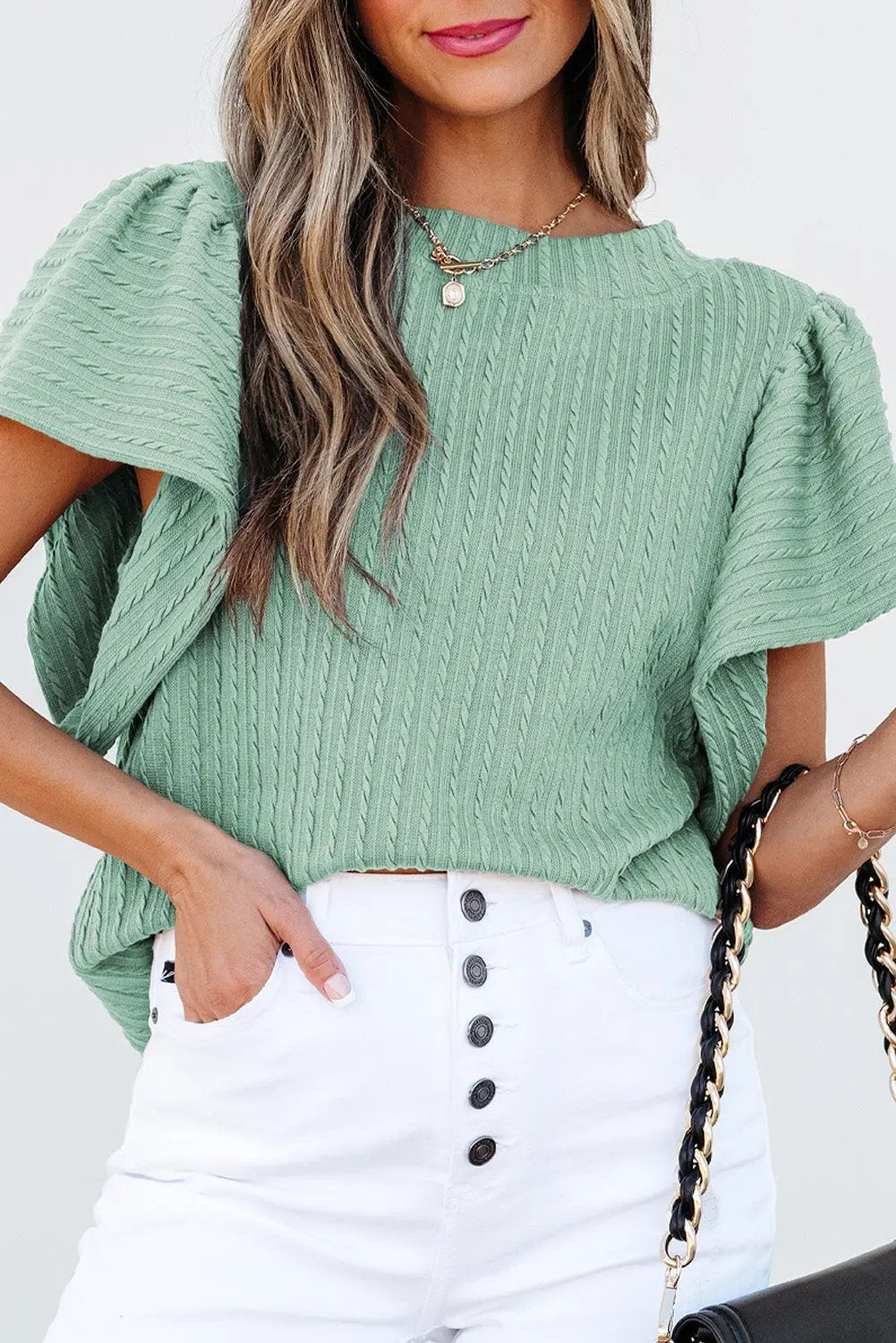 Love Salve Green Textured Top Women's Daily Wear Flutter Sleeve Blouse - Summer Ready