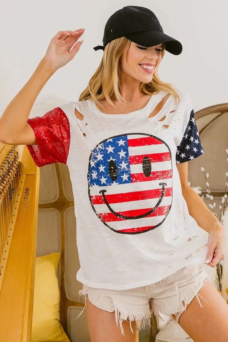 Women's Tee - Laser Cut Smile Face - Patriotic Graphic T-Shirt