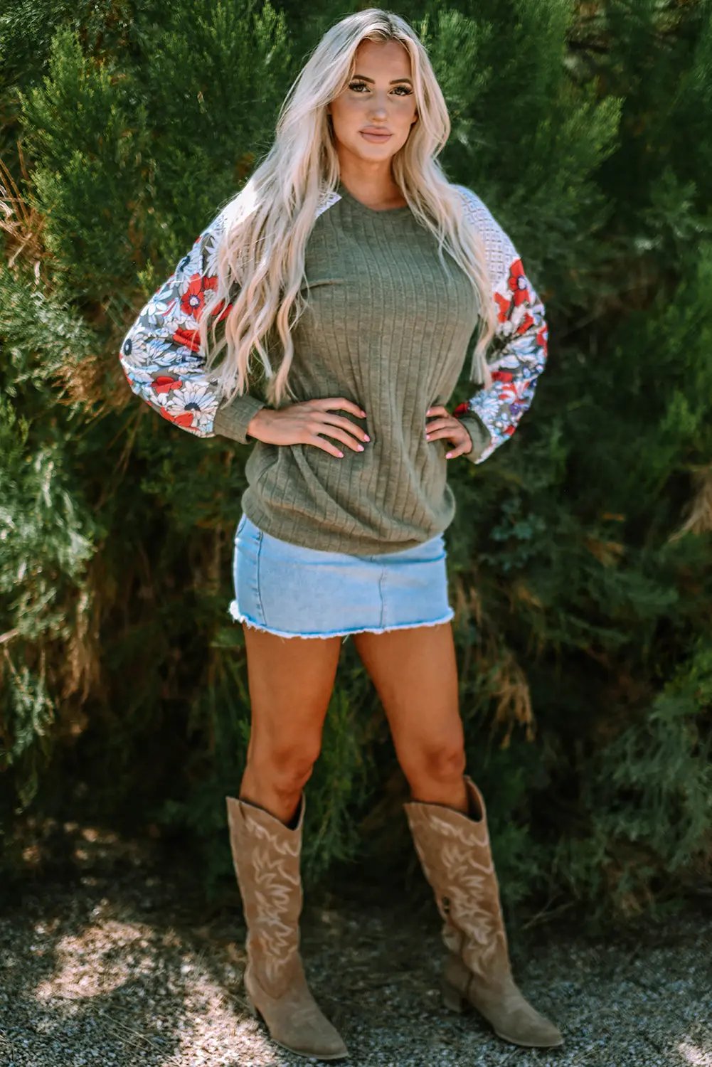 Blouse - Patchwork Ribbed Long Sleeve Floral Top