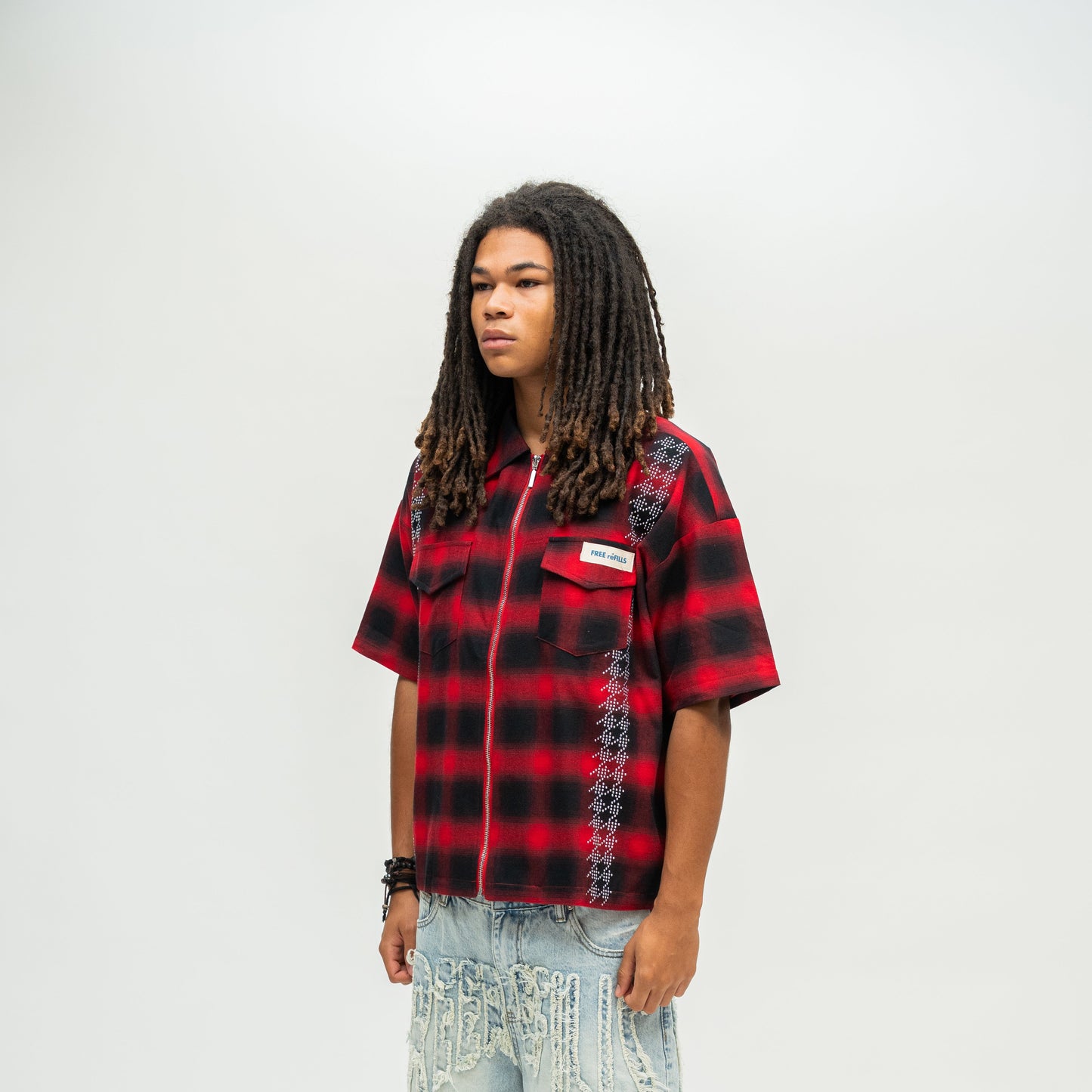 FR Studded Shadow Plaid Zip Shirt - Red