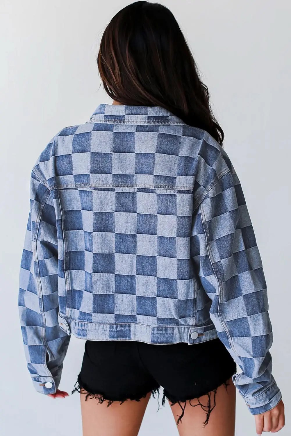 Love Salve Denim Jacket Women's Daily Wear Checkered Patchwork Button-Up Casual Spring