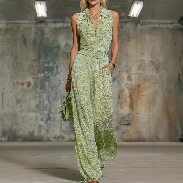Floral Print Zip-Up Sleeveless Jumpsuit – Women's Wide Leg Romper