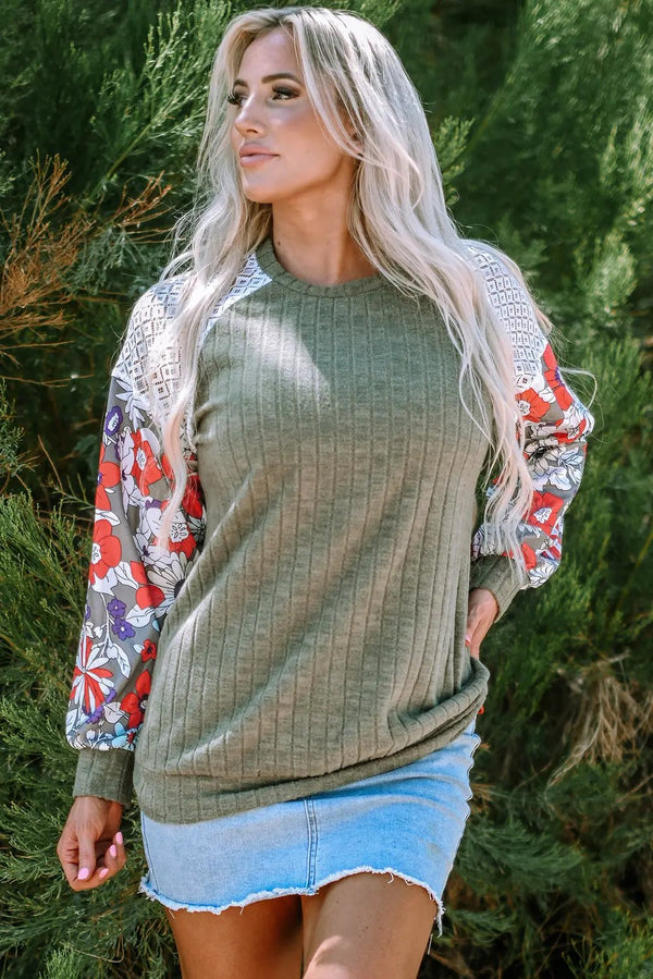 Blouse - Patchwork Ribbed Long Sleeve Floral Top
