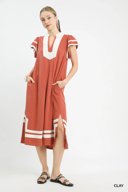 Umgee Linen Cotton Contrast Neckline Midi Dress in Clay