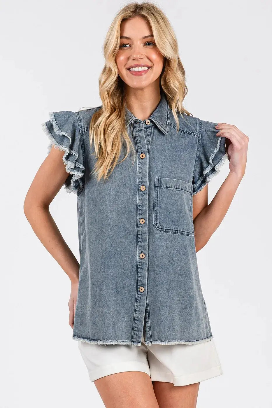 Denim Shirt - Ruffle Collared Short Sleeve - Casual Cute