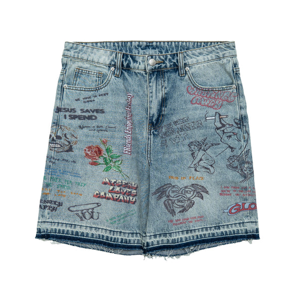 Graffiti Jorts - Blue Wash