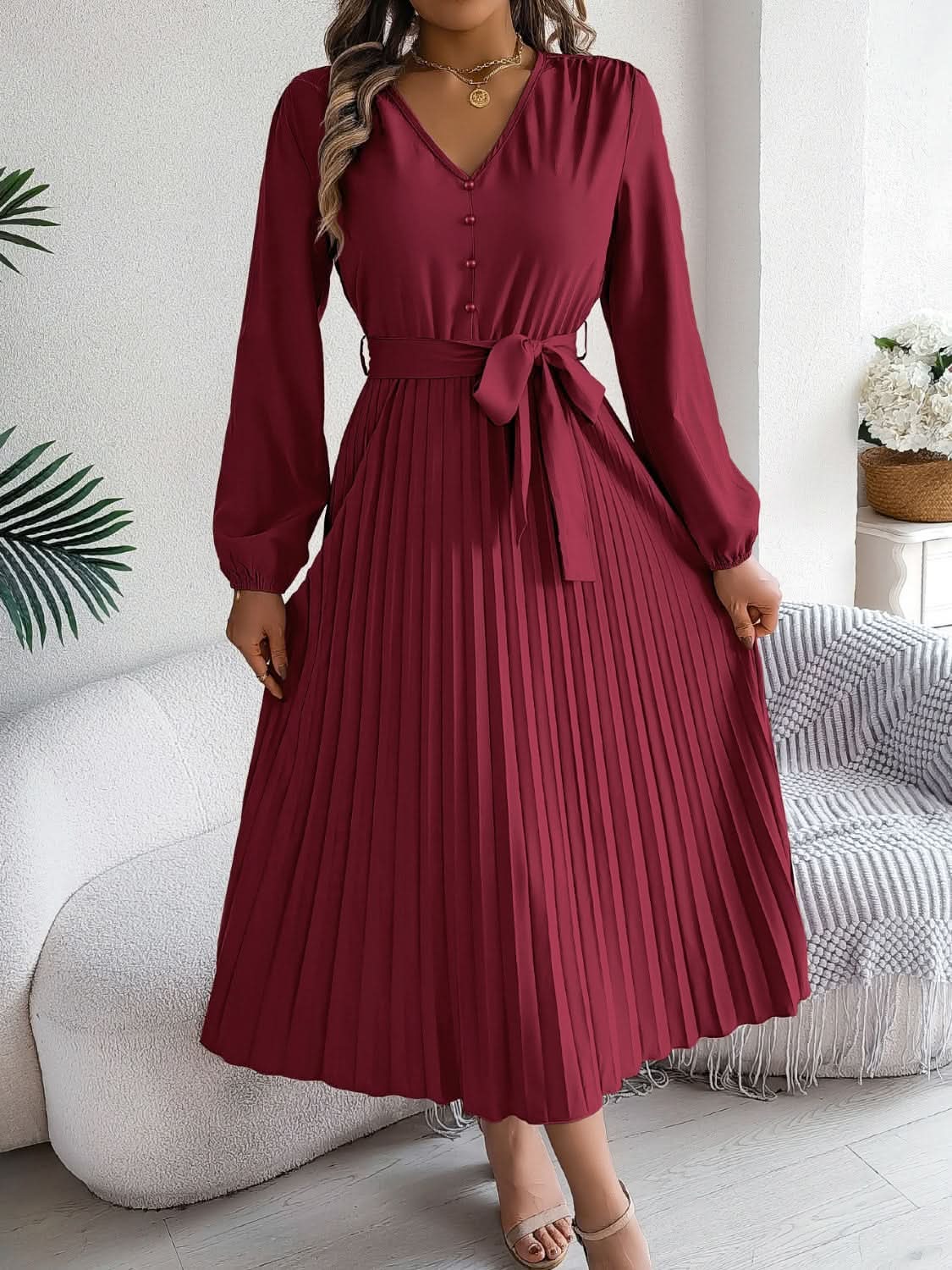 Trendsi V-Neck Dress Women's Elegant Long Sleeve Sheer Tie Dress Fashion