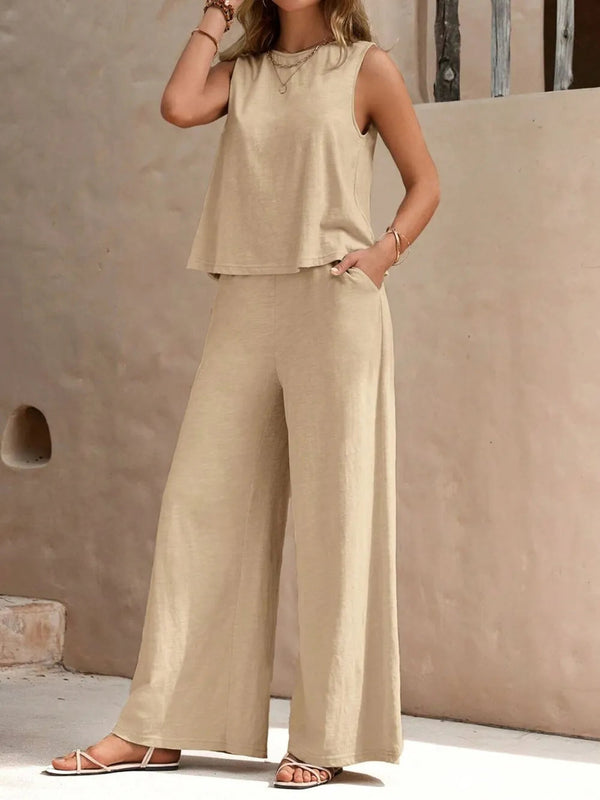 Round Neck Sleeveless Top & Wide Leg Pants Set – Two-Piece