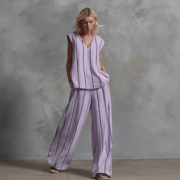 Women’s Sleeveless Striped Top and Full-Length Pants Set