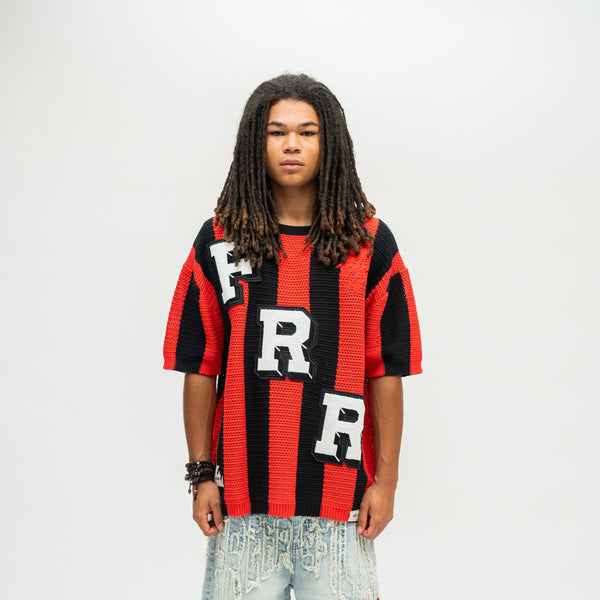Striped Crochet Knit Jersey Shirt - Red