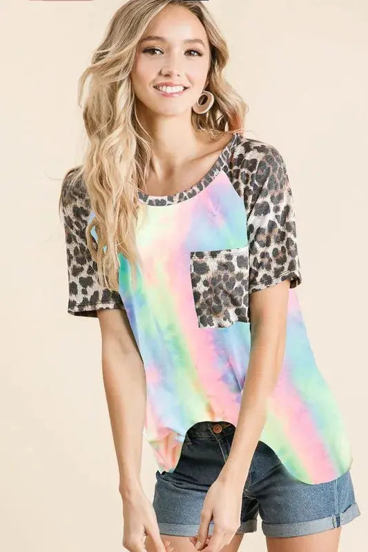 Women's Knit T-Shirt - Tie Dye Leopard - Casual Style
