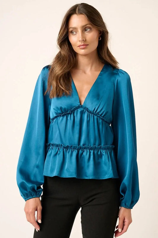 Satin Blouse - V-Neck Ruffled Tier - Elegant Office & Date Top