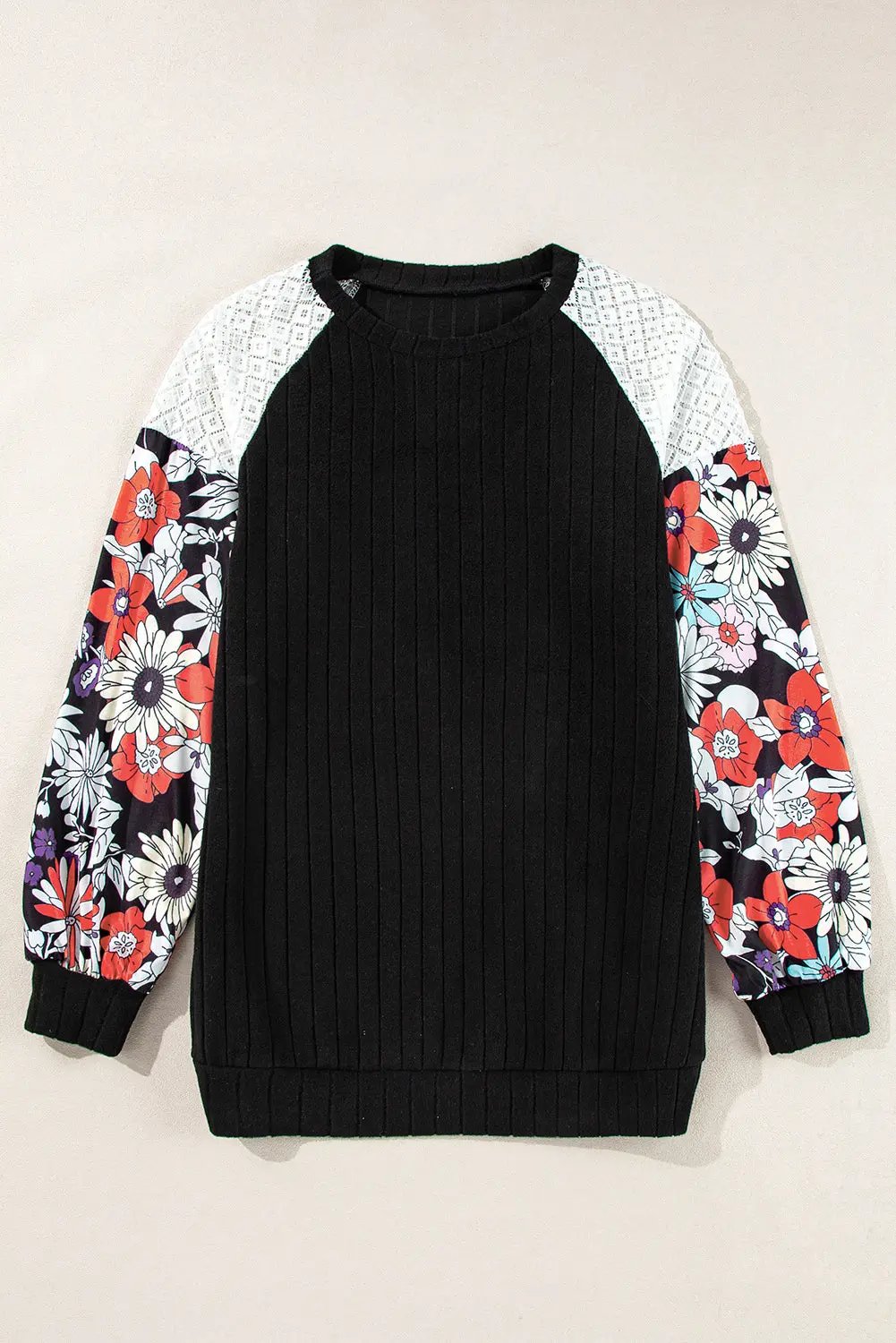 Blouse - Patchwork Ribbed Long Sleeve Floral Top