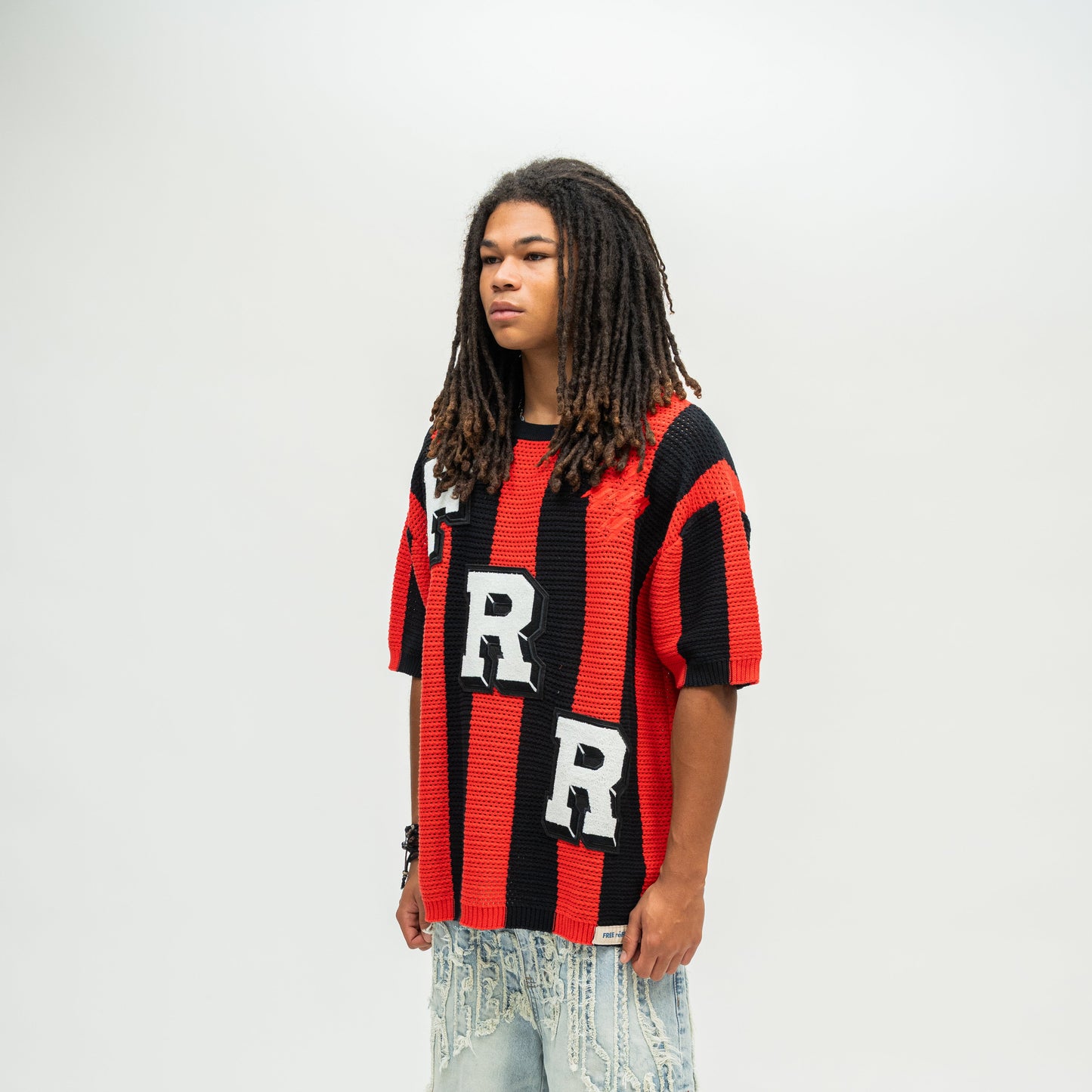 Striped Crochet Knit Jersey Shirt - Red