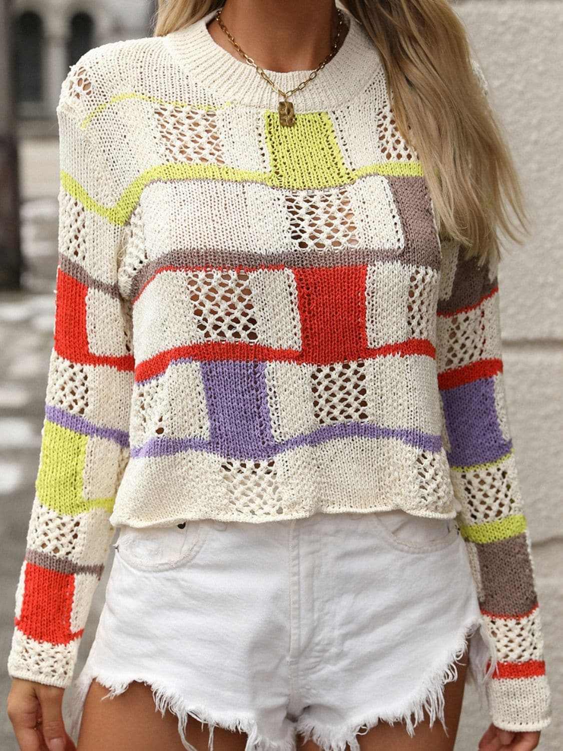 Trendsi Colorful crochet round neck pullover