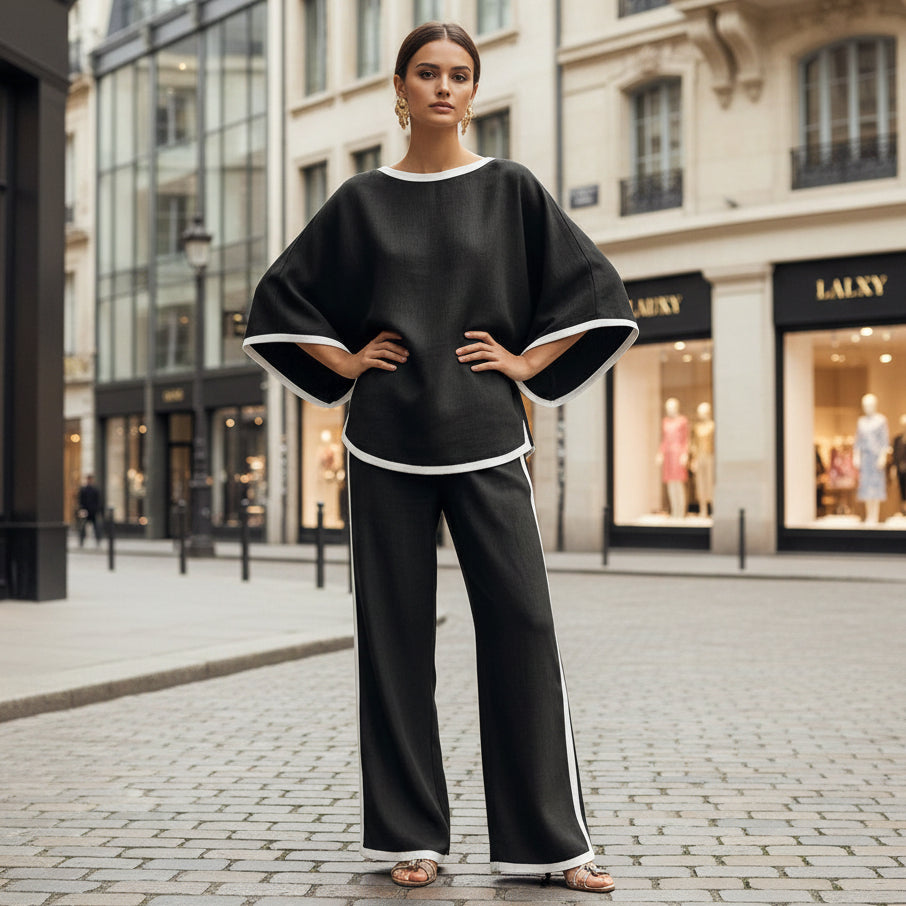 Loose Bat Sleeve Two-Piece Set – Round Neck Top & Wide Leg Pants