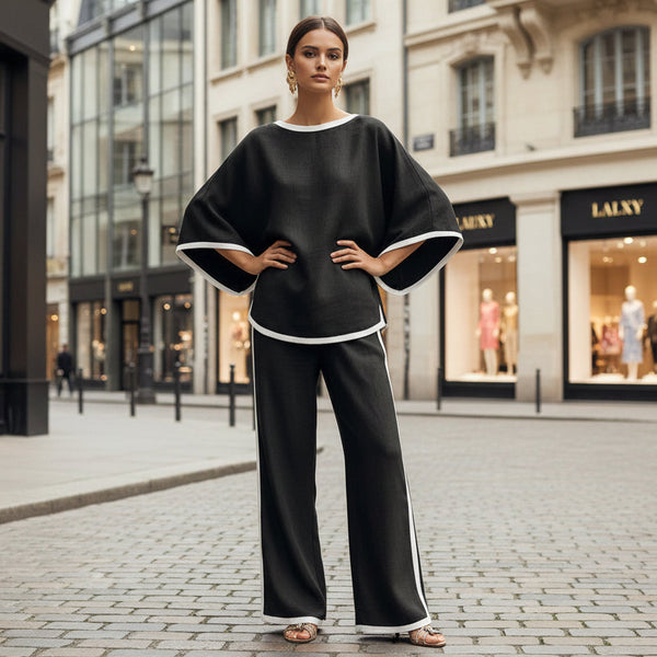 Loose Bat Sleeve Two-Piece Set – Round Neck Top & Wide Leg Pants