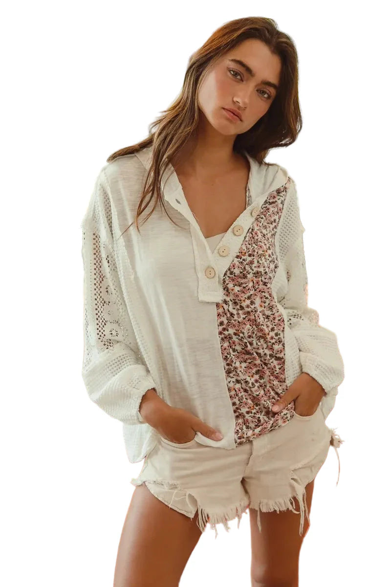 Slob Jersey with Lace Combo Buttoned Hoodie Top