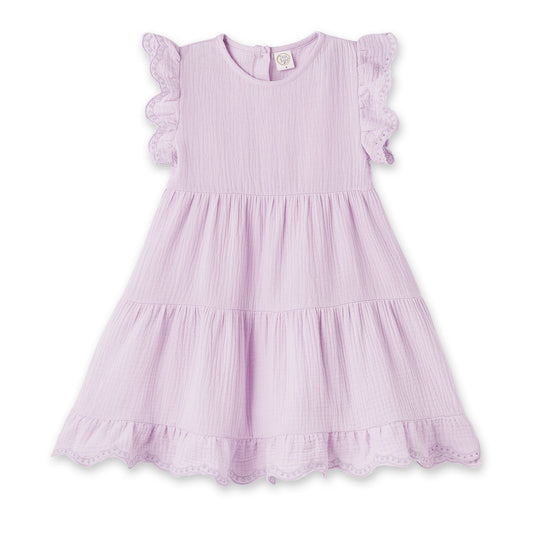 Lavendar Gauze Girl's Dress w/Eyelet Flutter Sleeves