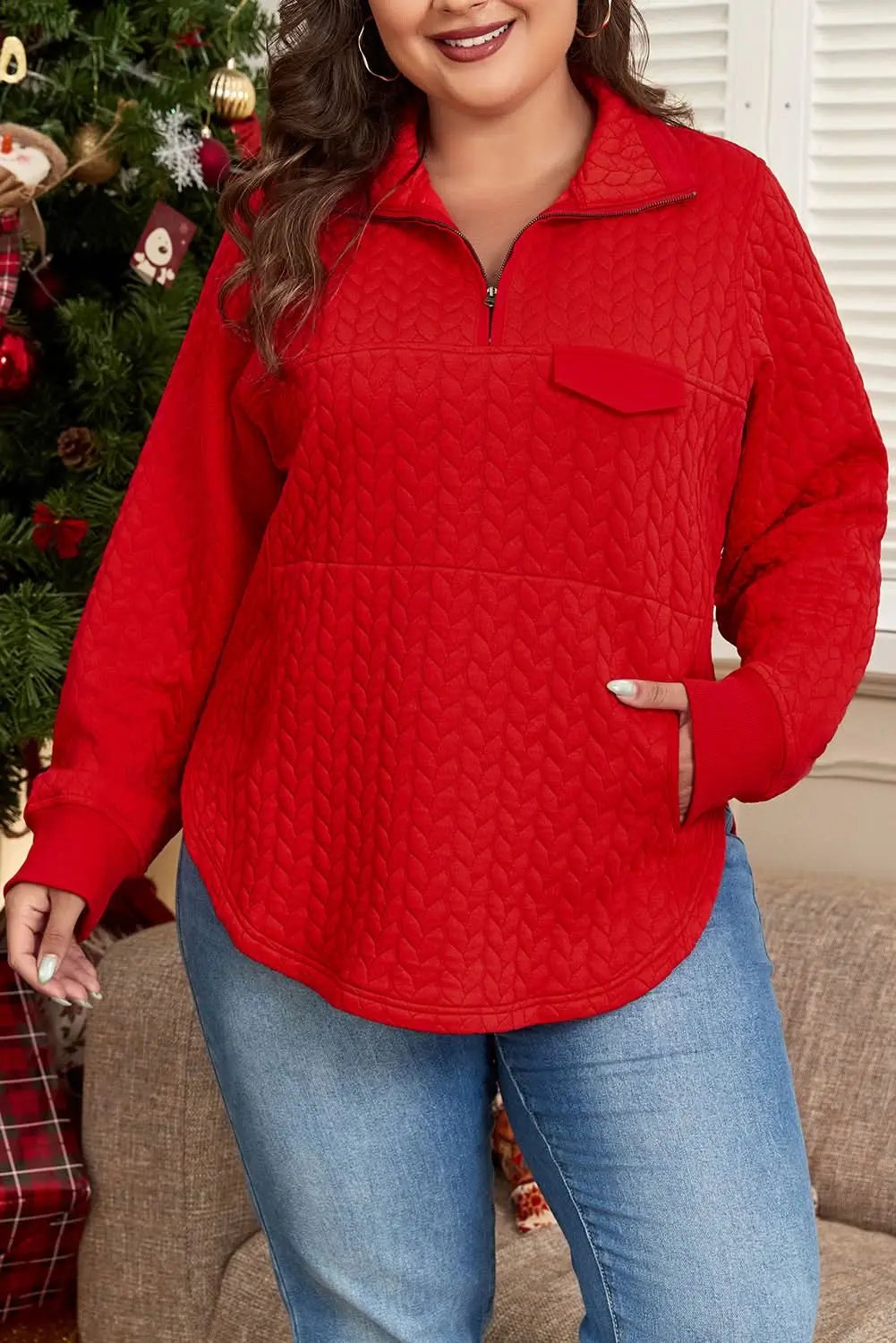 Pullover - Plus Size Tomato Red Cable Knit - Quarter Zip