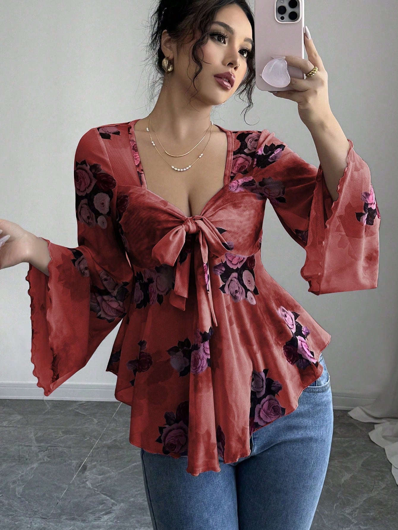 Floral Ombré Tie-Back Square Neck Long Sleeve Blouse – Sweet Style