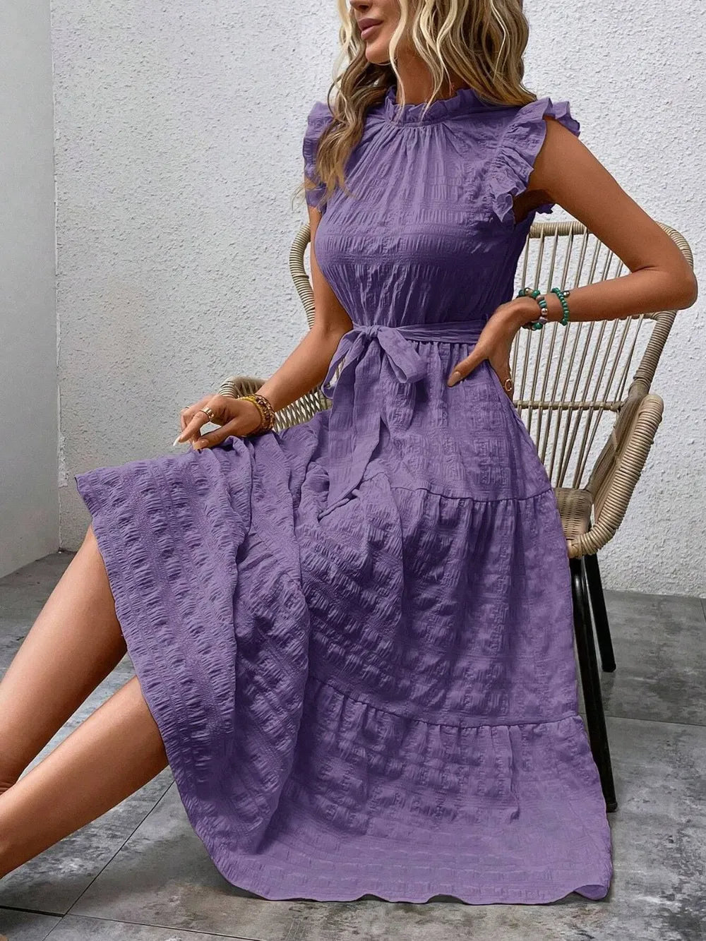 Tied Ruffled Cap Sleeve Midi Dress – Feminine Flowy Style