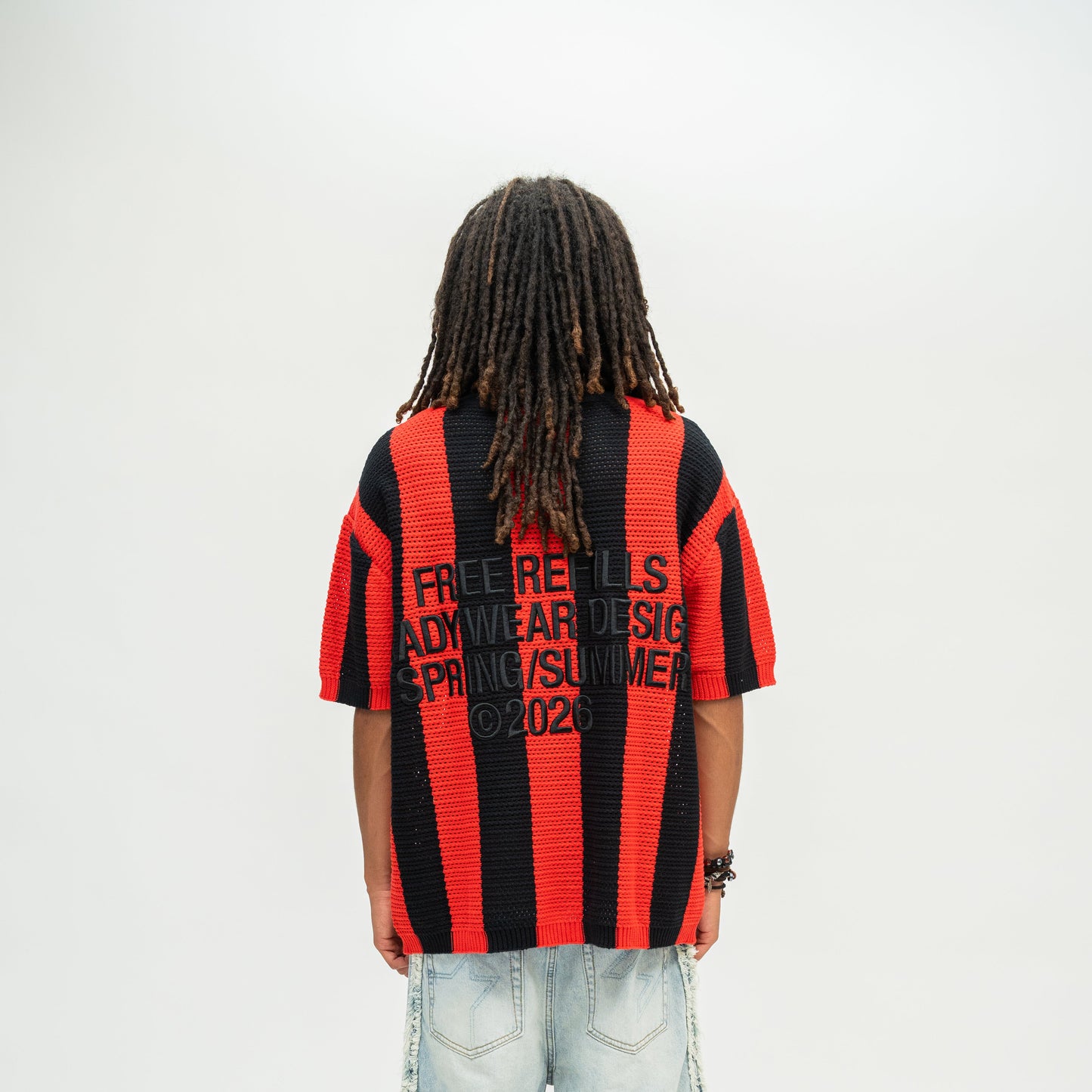 Striped Crochet Knit Jersey Shirt - Red