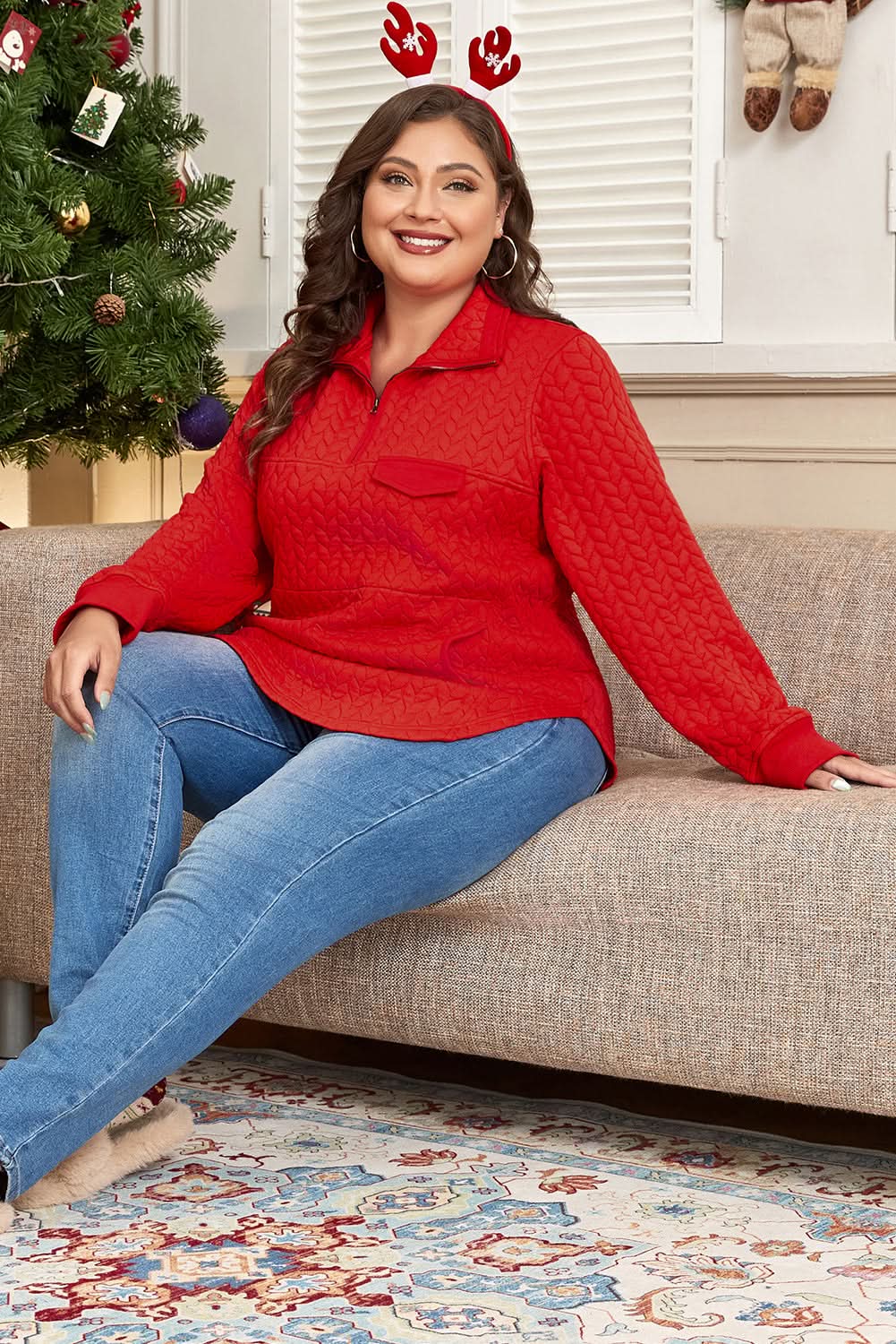 Pullover - Plus Size Tomato Red Cable Knit - Quarter Zip
