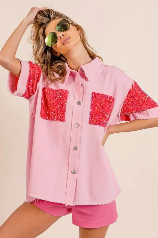 Trendsi Sequin Tee Women's Casual Top Short Sleeve Raw Hem Chic T-Shirt
