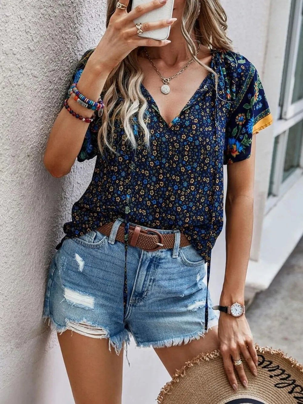 Printed Tie Neck Short Sleeve Blouse – Feminine Everyday Style