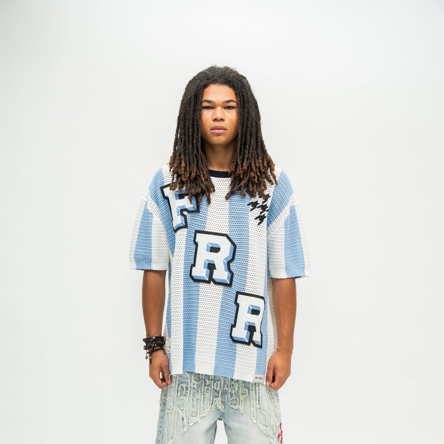 Striped Crochet Knit Jersey Shirt - Blue
