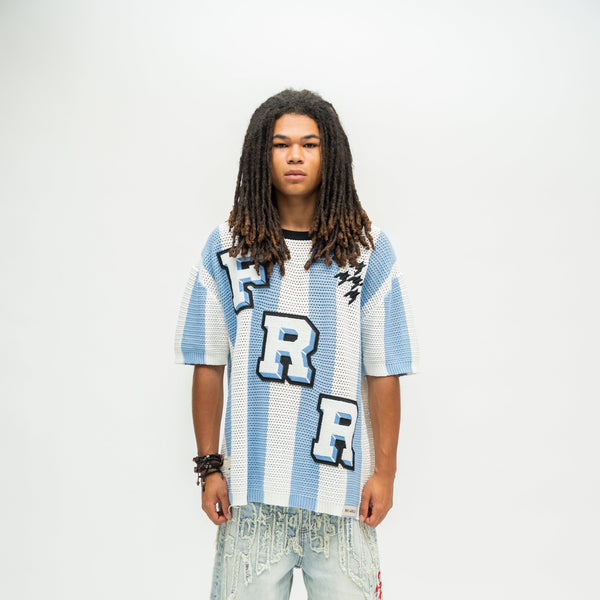 Striped Crochet Knit Jersey Shirt - Blue