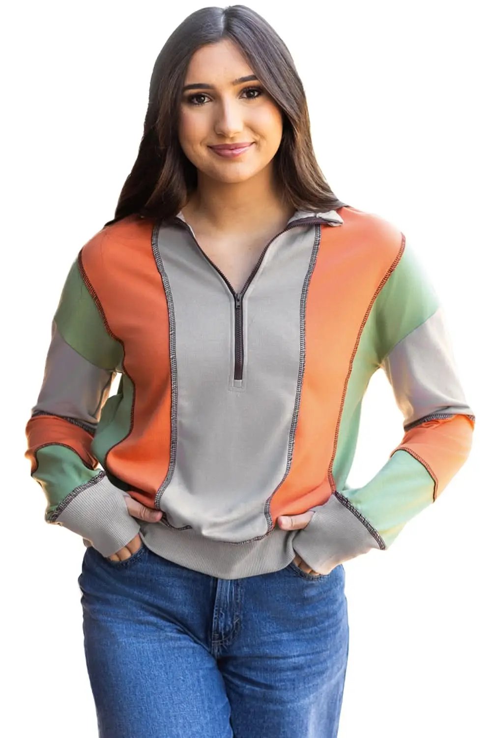 Love Salve Grey Colorblock Women's Half Zip Sweatshirt Cozy Fit Stitch Detail