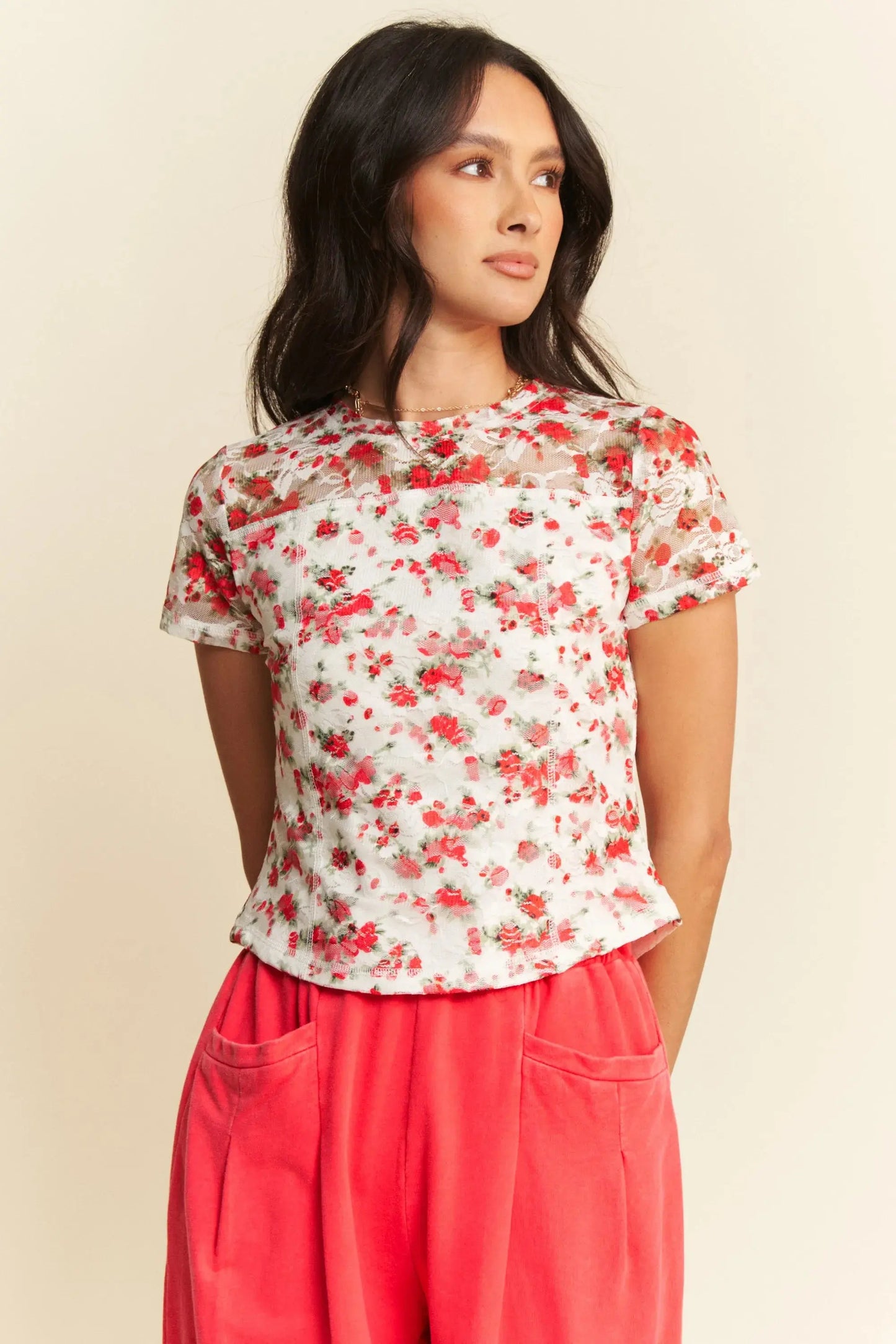 Ribbon Mesh Layered Top - Short Sleeve - Cute Tee