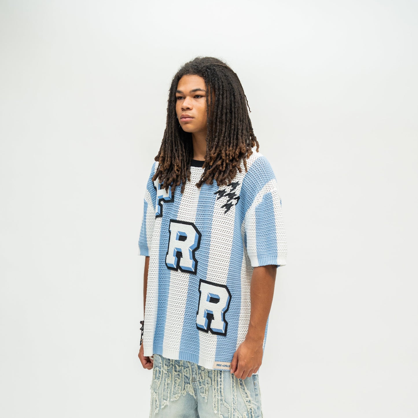 Striped Crochet Knit Jersey Shirt - Blue