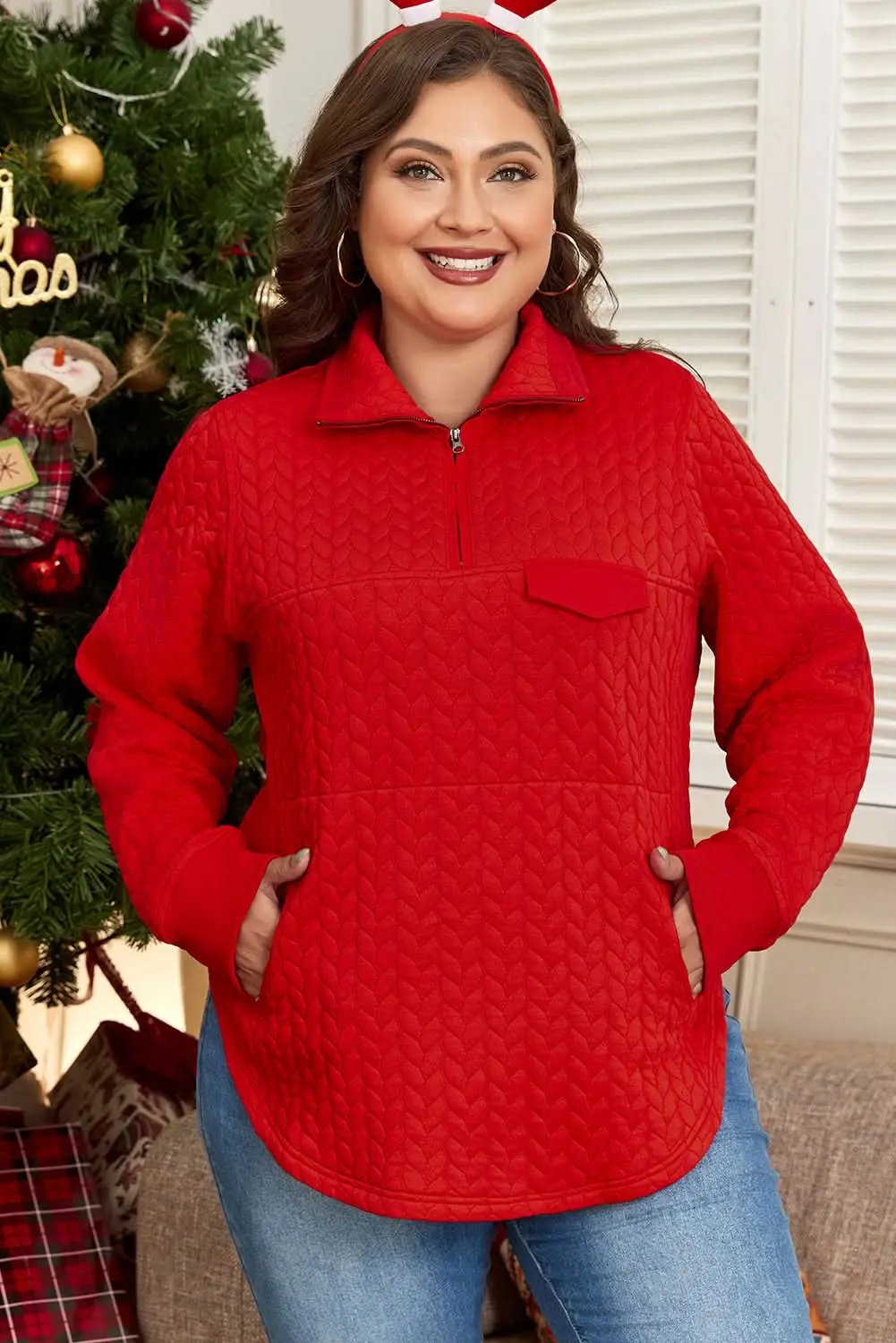 Pullover - Plus Size Tomato Red Cable Knit - Quarter Zip