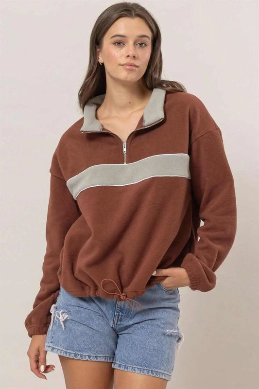 Trendsi Fleece Color Block Women's Half Zip Sweatshirt: Comfy & Stylish