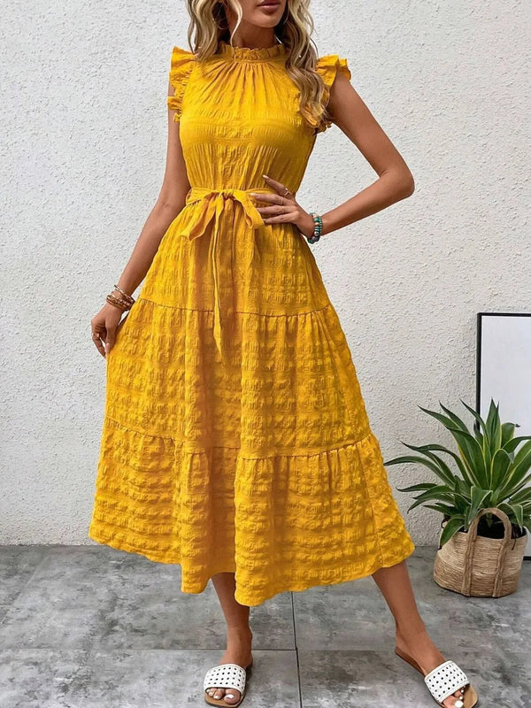Tied Ruffled Cap Sleeve Midi Dress – Feminine Flowy Style