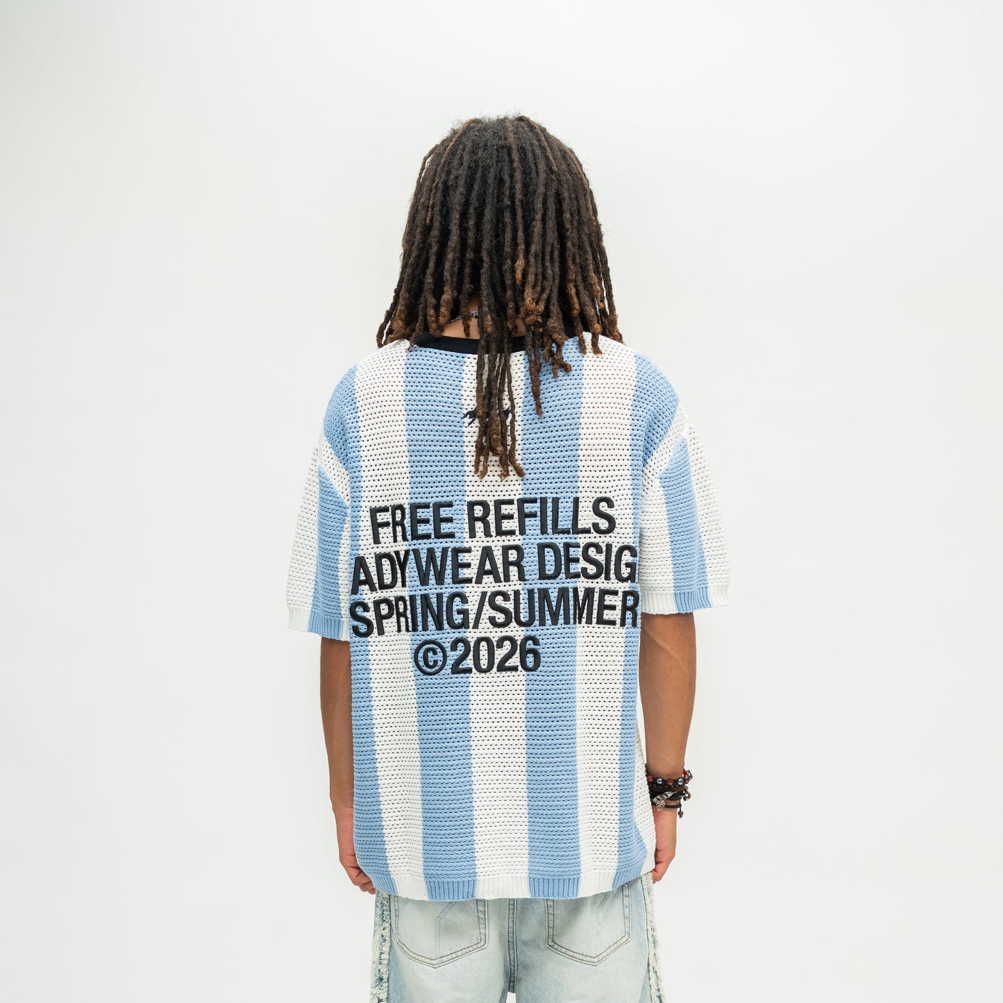 Striped Crochet Knit Jersey Shirt - Blue