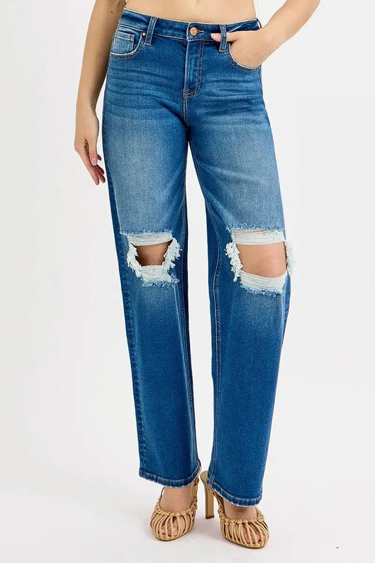 Boyfriend Jeans - Mid Waist Distressed - Women's Plus Size