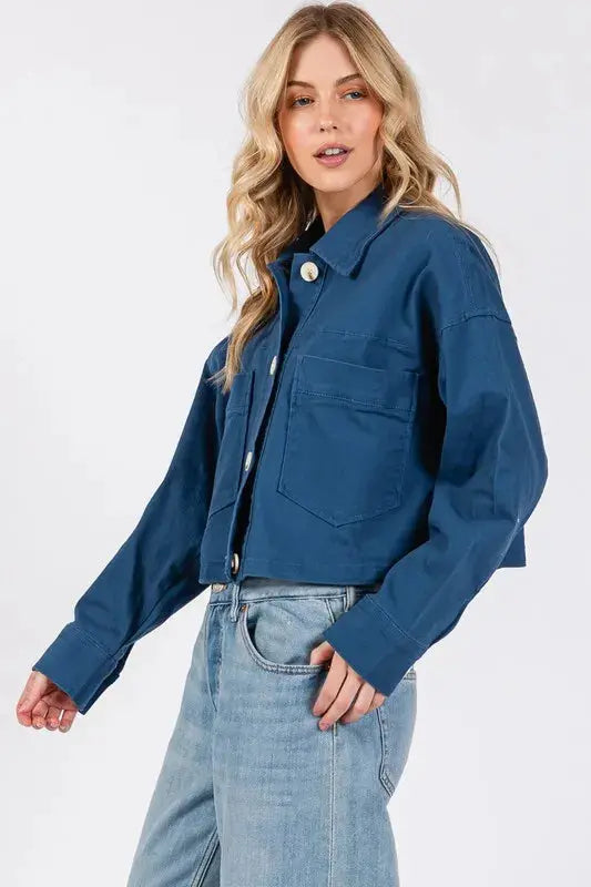 Denim Jacket - Cropped Button Down with Pockets - Women's Casual