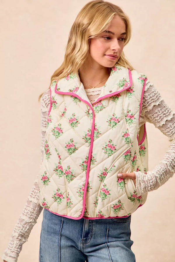 BiBi Floral Print Piping Detail Quilted Vest