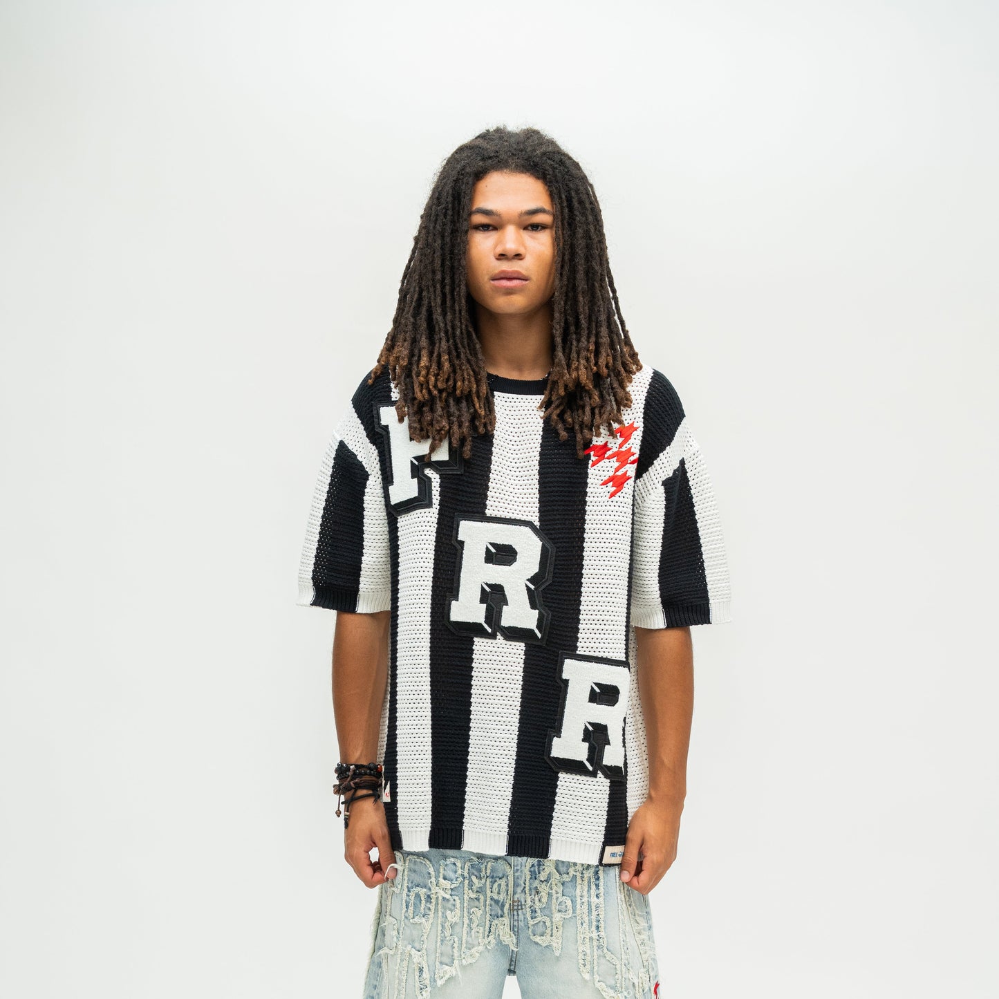 Striped Crochet Knit Jersey Shirt - Black