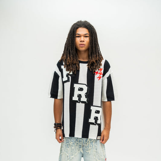 Striped Crochet Knit Jersey Shirt - Black