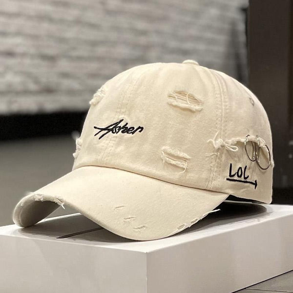 Korean Distressed Tie-Dye Letter Print Cotton Cap – Women’s Dome Crown